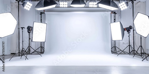  photo studio with lighting and chair  Interior of modern photo studi    photography studio with white walls  cameras and lighting equipment set up in the background.