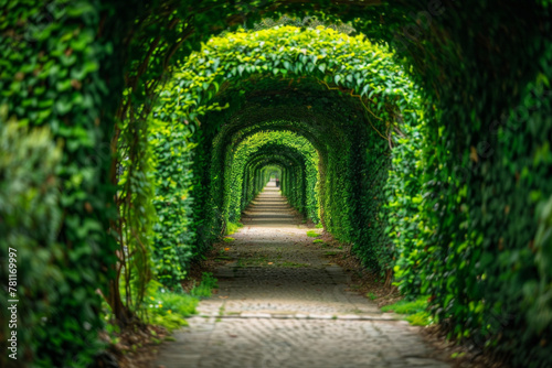 A beautiful green nature tunnel formed by plants © grey