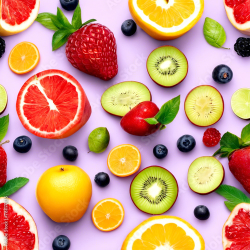 Fresh fruit and vegetable collection featuring orange, apple, lemon, grapefruit, kiwi, strawberry, pear,  and more on  background