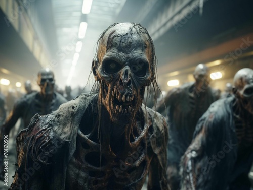 a group of zombies walking through a hallway under lights in the background