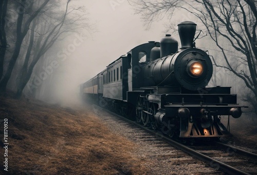 AI generated illustration of a black train moving through a foggy forest in the evening light
