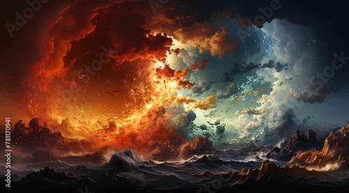 AI generated illustration of a stunning landscape featuring a beach with a vibrant orange sky