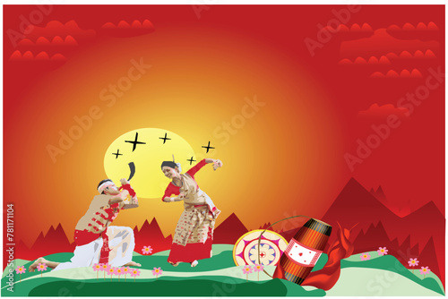 happy bihu social media poster template., Greeting background with gamosa, japi and pepa for north east Indian Assamese New Year or festival Bihu.
