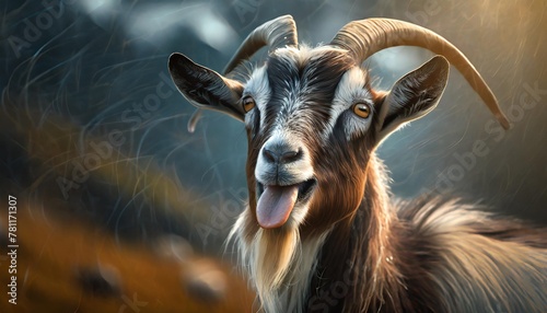 portrait of a goat showing tongue