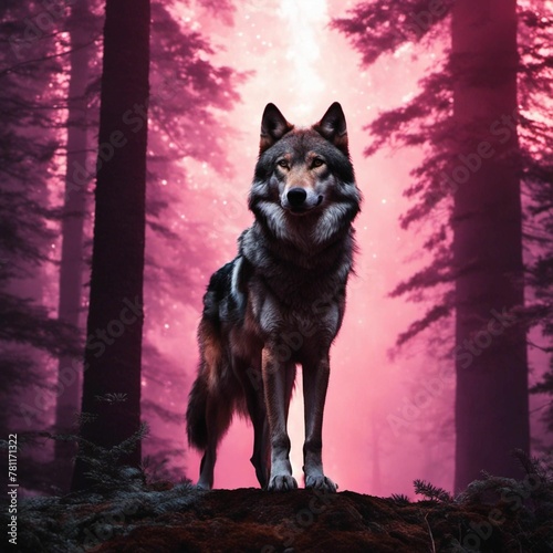 AI generated illustration of a wolf in a pink-hued forest