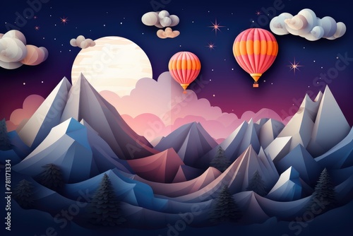 hot air balloons in mountain landscape paper art illustration