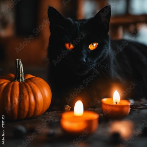 AI generated illustration of a black cat with orange eyes, surrounded by candles a © Wirestock