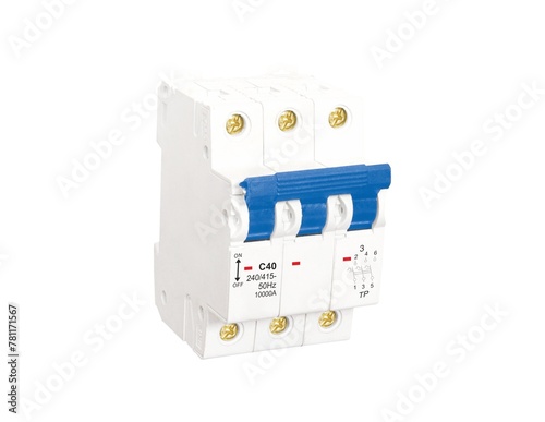 Three Pole MCB Miniature Circuit Breakers Isolated on White Background photo