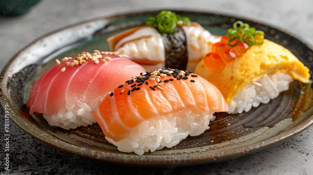 Assorted Nigiri Sushi on a Dark Ceramic Plate. Japanese Cuisine Delicacies. Food Presentation Ideas. Culinary Art and Dining. Fresh Ingredients for a Delicious Meal. AI Assorted Nigiri Sushi on a Dark Ceramic Plate. Japanese Cuisine Delicacies. Food Presentation Ideas. Culinary Art and Dining. Fresh Ingredients for a Delicious Meal. AI