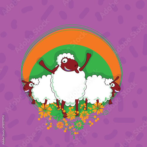 Sheep for Eid-Al-Adha Celebration. Illustration of funny Sheep with floral frame for Muslim Community, Festival of Sacrifice, Eid-Al-Adha Mubarak. Vector greeting card design.