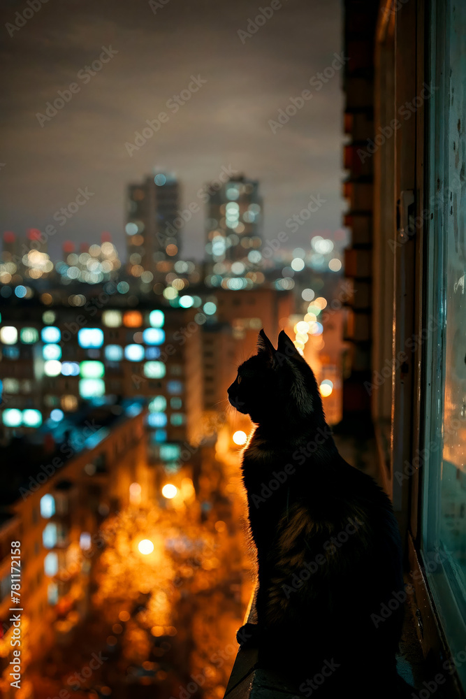 a cat looks out the window at a city at night a cat looks out the window at a city at night