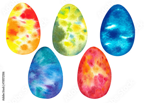 Watercolor set of colorful Easter eggs. Happy Easter art isolated on white background. Collection of hand drawn pastel Easter eggs.
