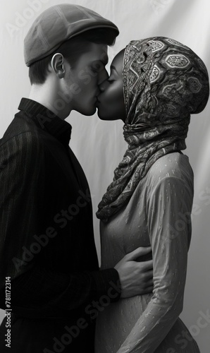 AI generated illustration of a guy kissing a Muslim woman in grayscale photo