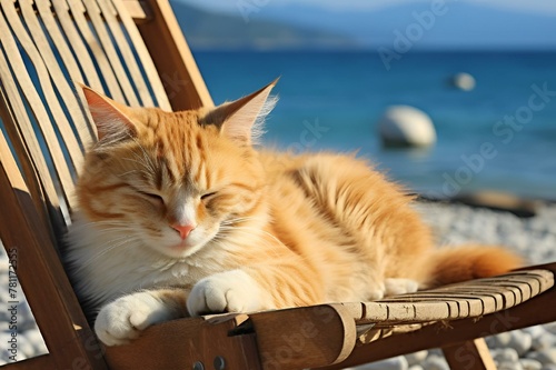 AI generated illustration of a cat napping on a beach chair in the sun