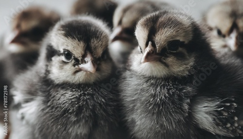 panorama of many young fluffy easter baby chickens standing against white background