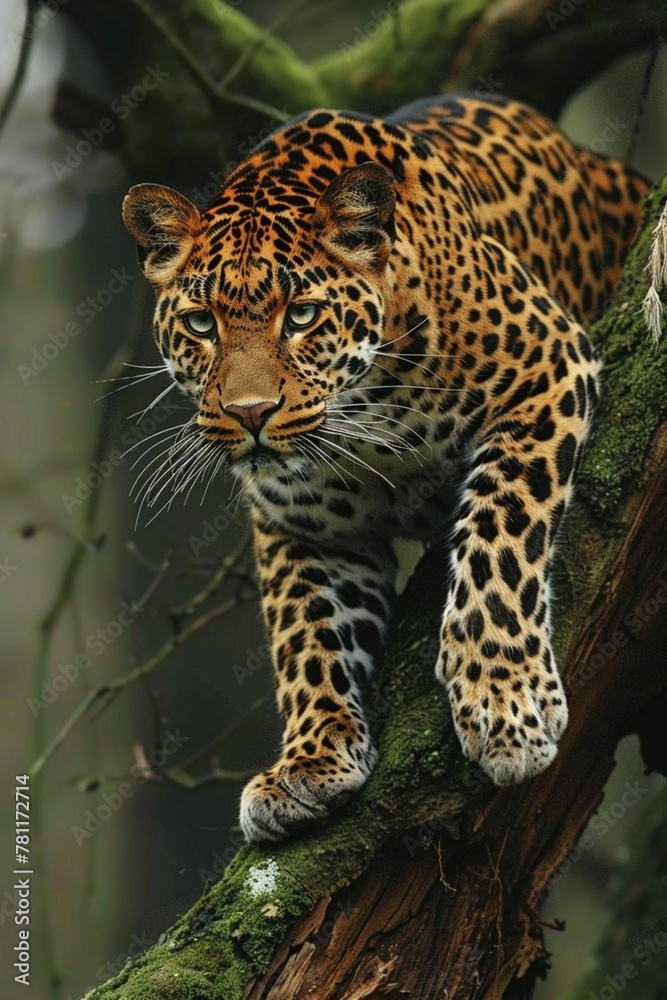 AI generated illustration of a common Leopard (Panthera pardus) perched on branch AI generated illustration of a common Leopard (Panthera pardus) perched on branch