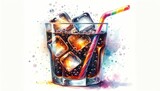 A refreshing glass of cola with bubbling effervescence and ice cubes, captured in a lively watercolor illustration with a dynamic straw.