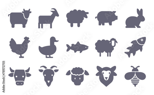 Farm animals glyph flat icons. Vector solid pictogram set included icon as cow, goat, pig, chicken, rabbit silhouette illustration for livestock.