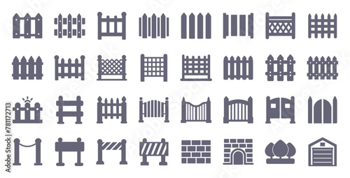 Fence glyph flat icons. Vector solid pictogram set included icon as brick gate, wire mesh fence, garden gateway, roadblock silhouette illustration for barrier.