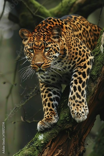 AI generated illustration of a common Leopard (Panthera pardus) perched on branch