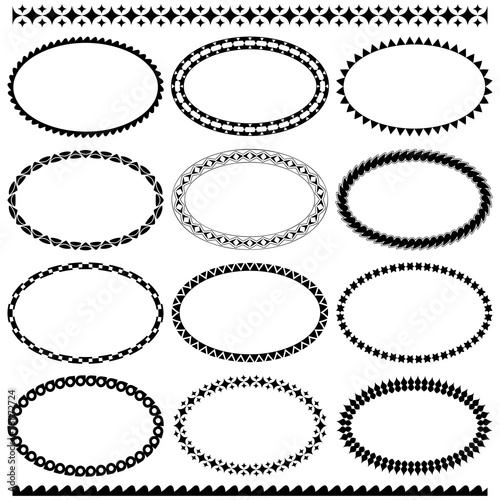 Vector set of oval frames and two seamless black brushes