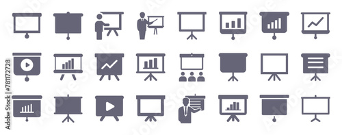 Presentation glyph flat icons. Vector solid pictogram set included icon as teacher seminar, education chart, raining classroom, analytics meeting silhouette illustration for infographic.
