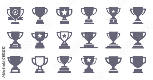 Trophy silhouette flat icons. Vector glyph pictogram set included icon as Football cup, goblet award, champion prize, leader reward, golden cup with star  illustration for infographic.