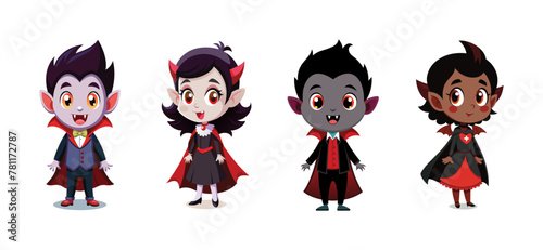 Little vampires in playful Halloween attire, vector cartoon illustration.