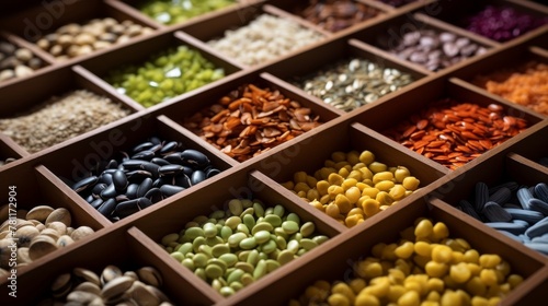 Assorted seeds neatly arranged in a colorful display © stocksbyrs
