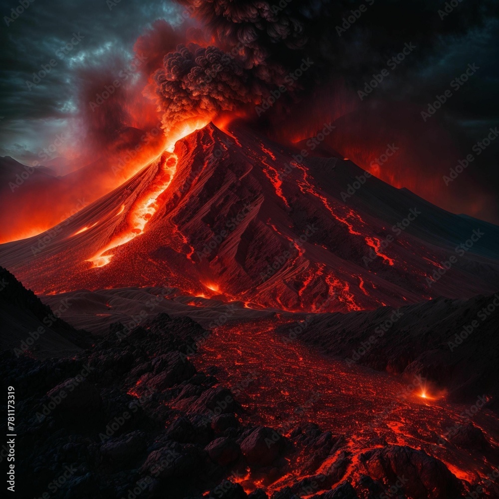 AI generated illustration of an erupting volcano at night
