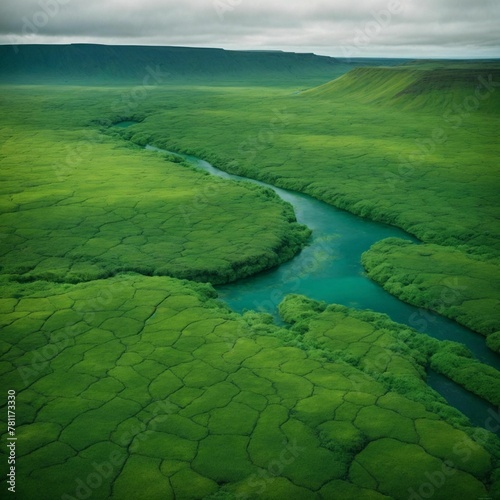 AI generated illustration of a river in a green lush landscape on a cloudy day