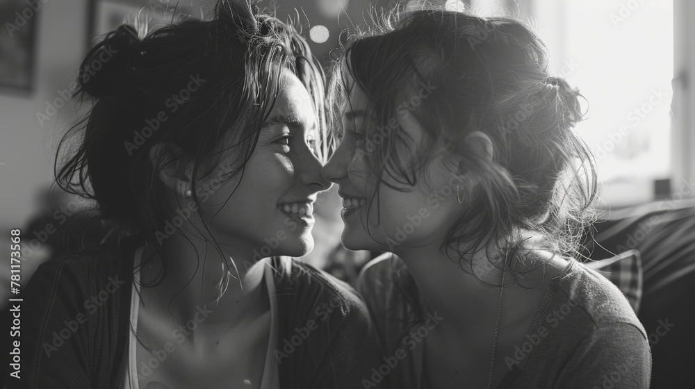 Black and white image of two women smiling face to face in a close embrace. Black and white image of two women smiling face to face in a close embrace.