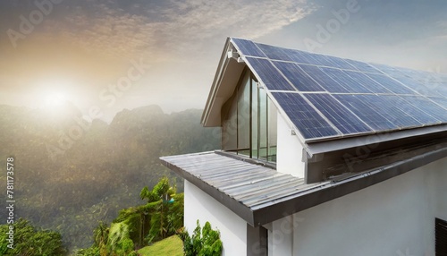 futuristic generic smart home with solar panels rooftop system for renewable energy concepts as wide banner with copyspace area photo