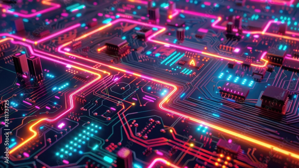 Intricate neon circuit board with vibrant electric pathways.