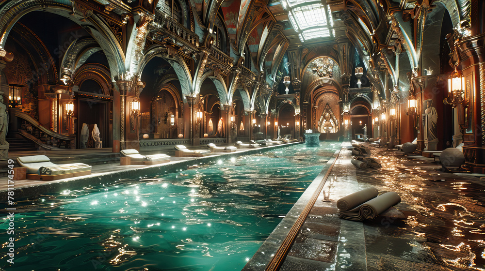 Enchanting Underwater Pool with Ancient Columns, a Mystical Blend of History and Leisure in a Unique and Captivating Setting