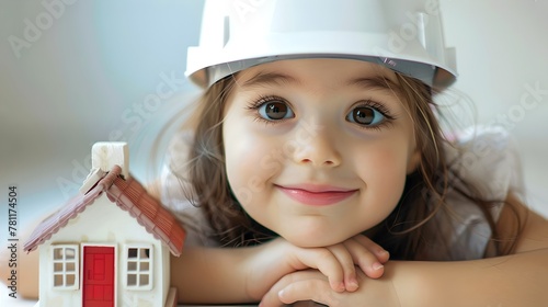 Smiling young girl wearing a hard hat with a model house. Imagining a future in architecture. Perfect for educational and promotional materials. AI photo