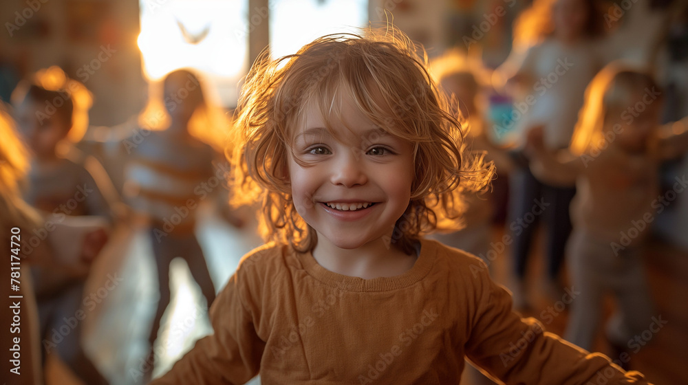 a small child that is standing in the sun in front of others a small child that is standing in the sun in front of others