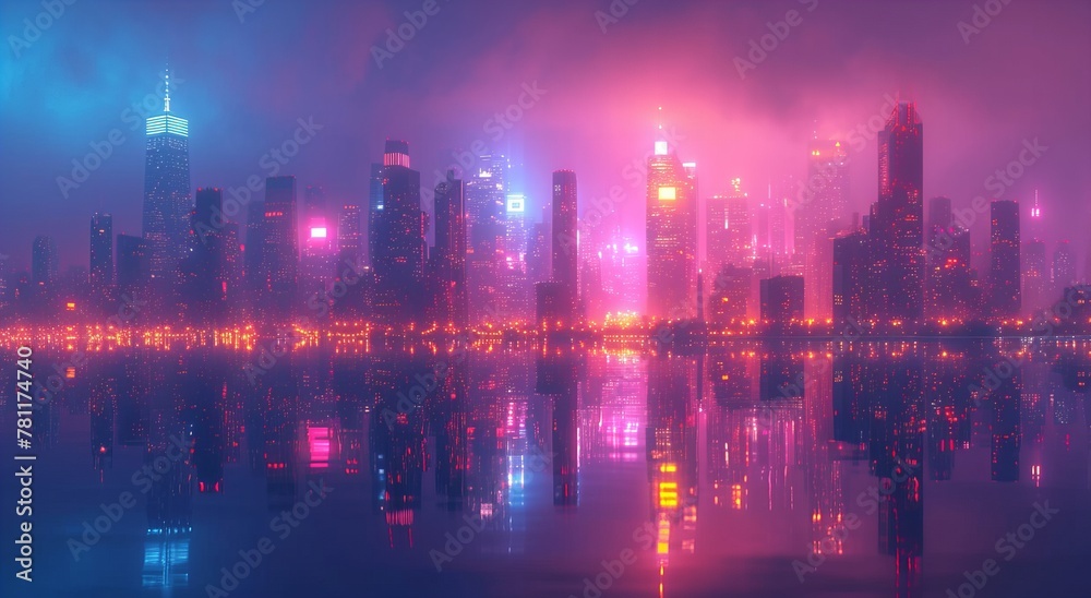 Obraz premium Cyberpunk City Skyline with pink and purple night vibe background