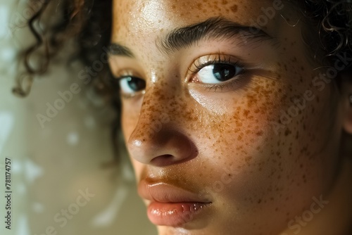 a young girl looks off into the distance with freckles on her face