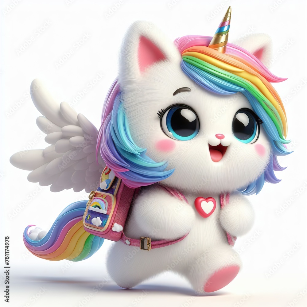 caticorn with white wings and rainbow mane carrying a backpack on the way to school