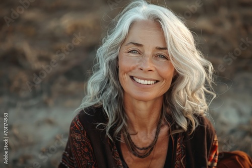 an old woman with white hair smiling while sitting on a rocky beach