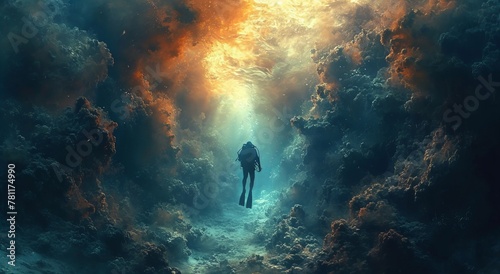 Scuba diver dives underwater in the ocean between coral reef, sunlight, AI Generative..