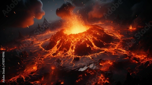An AI illustration of a large volcano spews lava as the smoke and ash fill up the sky photo