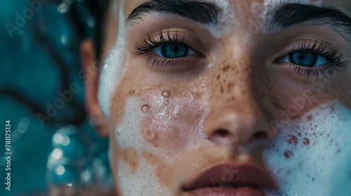 AI generated illustration of a erson's face covered in soap suds, standing in front of running water