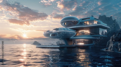 An arcology located in a coastal area, designed to withstand the challenges of a marine environment while providing a comfortable living space, © Amer