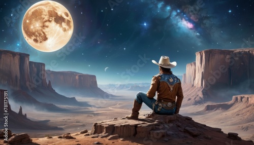 A lone cowboy sits on a rocky outcrop, contemplating the vastness of the desert under a stunningly large moon and cosmic sky.. AI Generation