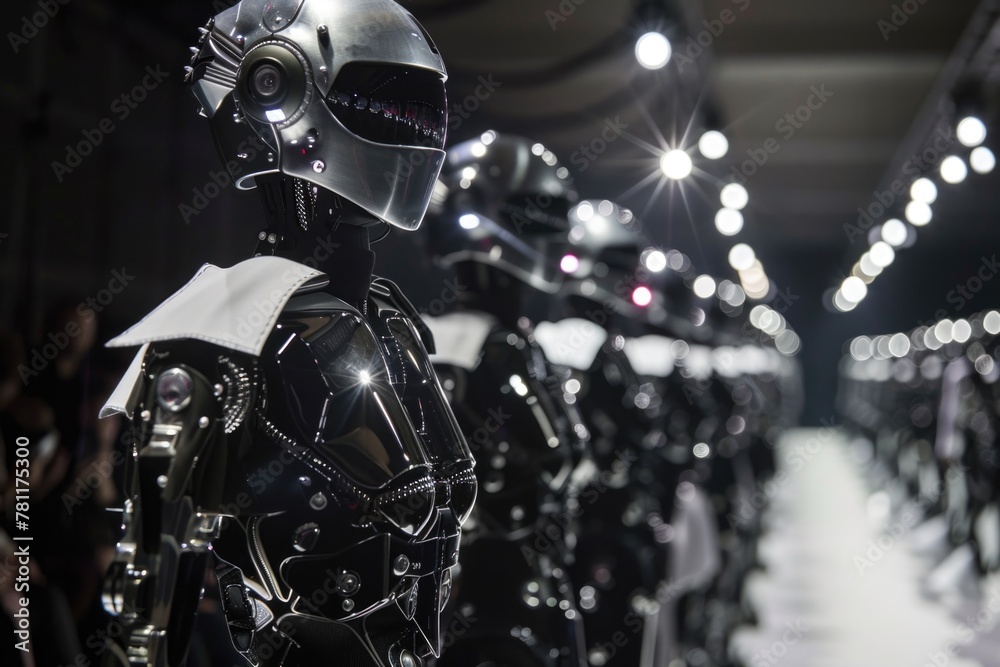 Robotic mannequins adorned with fashion attire at a futuristic fashion show
