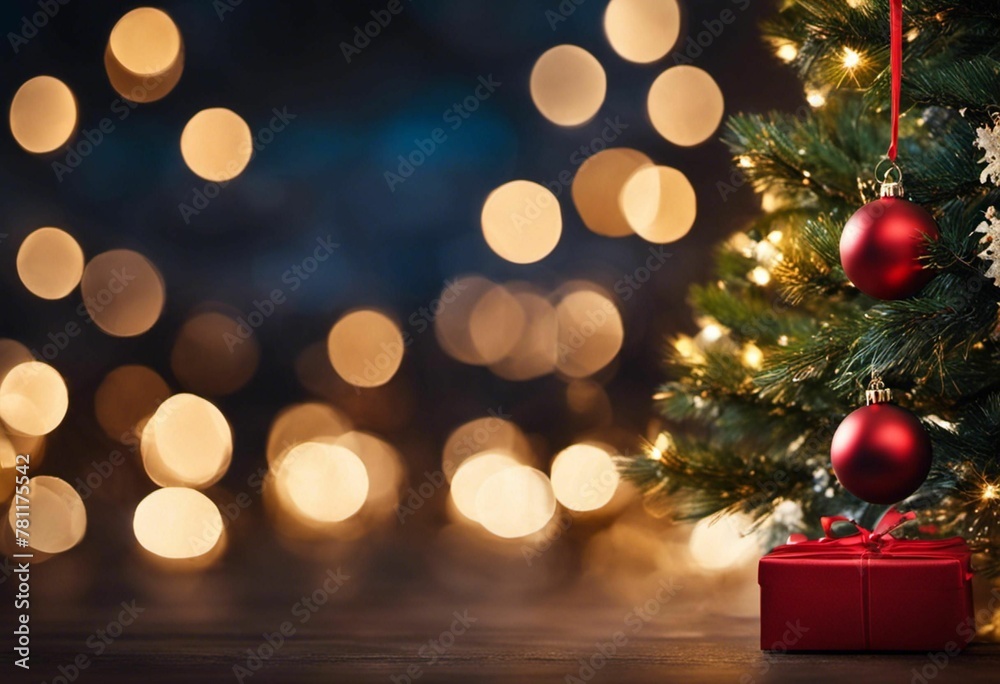 An AI illustration of a red gift box sitting next to a christmas tree with lights in the background