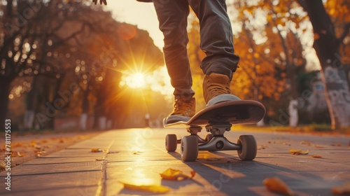 Person on a skateboard cruising down a street at sunset. photo