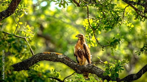 Majestic bird of prey perched on a tree branch amidst vibrant green foliage. Nature photography ideal for wildlife enthusiasts and backgrounds. A serene scene captured in daylight. AI